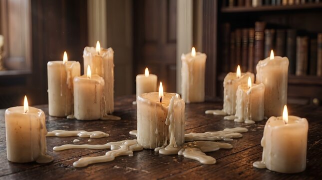 Elegant melted white candles on rustic wooden table for cozy ambiance