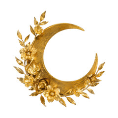 Ornate golden crescent moon adorned with delicate metallic flowers and leaves, featuring a textured surface on a white background © no one