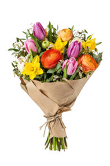 Naklejka premium Vibrant spring flower bouquet featuring colorful tulips, ranunculus, and daffodils wrapped in rustic brown paper on a clean white background