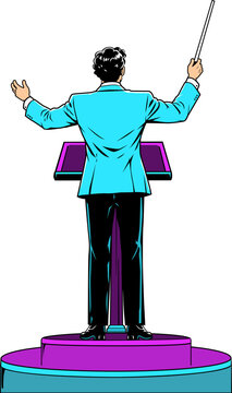 Back view of music orchestra conductor in blue suit holding baton flat vector illustration