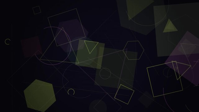 Looping geometric shapes float softly on a dark background