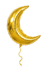Shiny golden crescent moon foil balloon with a curled ribbon, captured with bright studio lighting on a clean white background © no one