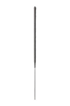 Single unlit gray sparkler with a metallic stick stands vertically against a clean white background, ready for celebration