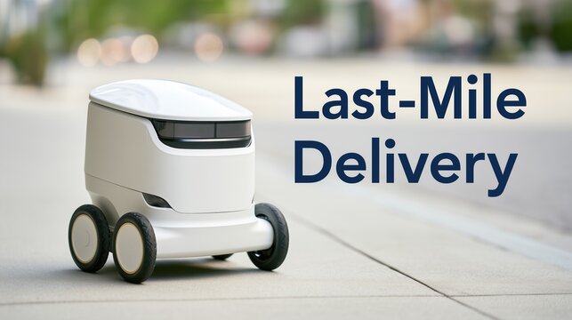 Wide banner photograph of a small white delivery robot on a clean city sidewalk in the lower left, with soft daylight, blurred urban background, and bold dark blue sans-serif text &ldquo;Last-Mile Delivery&rdquo;