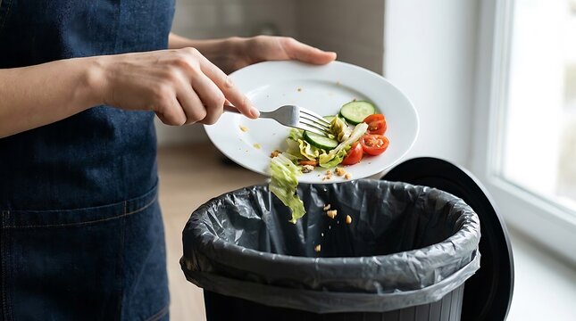 Close up of person scraping plate of food into kitchen garbage bin with leftovers disposal recycling discarding household vegetables