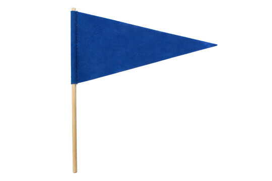 Small blue triangular pennant flag on a wooden stick, captured with soft studio lighting against a clean white background