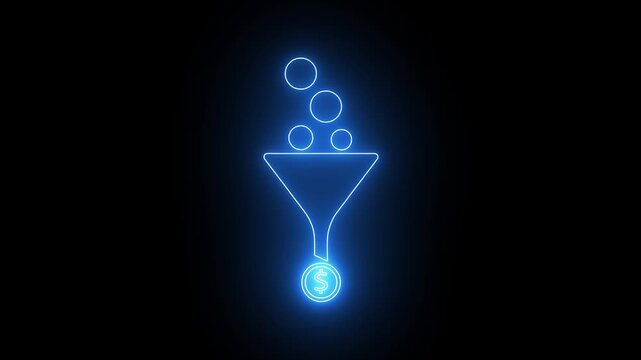 Sales Funnel Conversion: Glowing Blue Neon Funnel Icon Turning Leads into Money