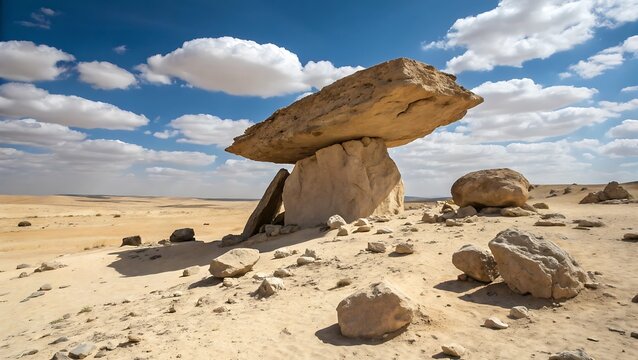 Unique mushroom shaped rock formation stands prominently in the desert landscape