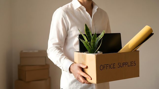 Person holding cardboard box of office supplies while standing near packed boxes with employee workplace unemployed resignation