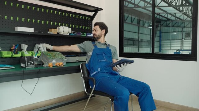 Two technicians are repairing an electric car. They are checking the electric car's battery.