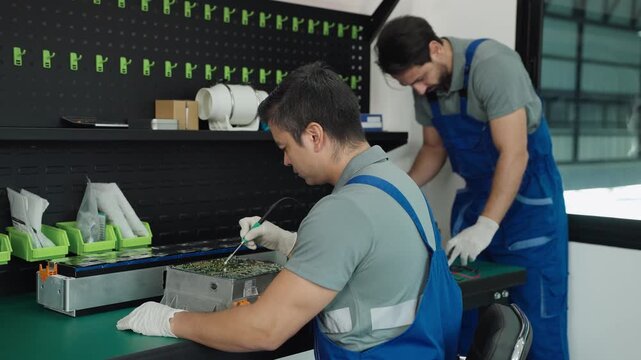Auto technician servicing an electric car battery pack on a workbench in a garage, with vehicles and coworkers in the background during diagnostics and repair.