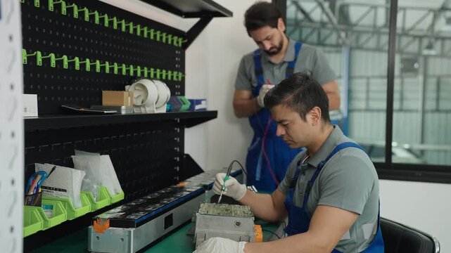 Auto technician servicing an electric car battery pack on a workbench in a garage, with vehicles and coworkers in the background during diagnostics and repair.