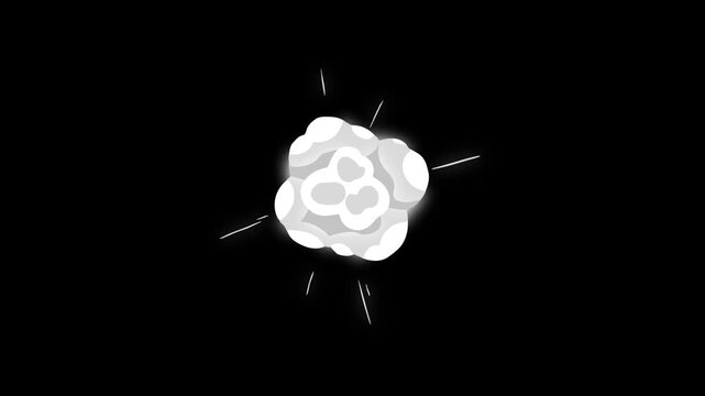 Flash FX cartoon explosion and smoke blast with sparkling light trail, glitter spark effect on black screen background. 2D hand-drawn flash FX animation and spark burst animation.
