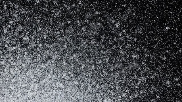 Monochrome granular particles fluctuate across a dark abstract field. Film title, grunge overlays, and motion graphics compositing.