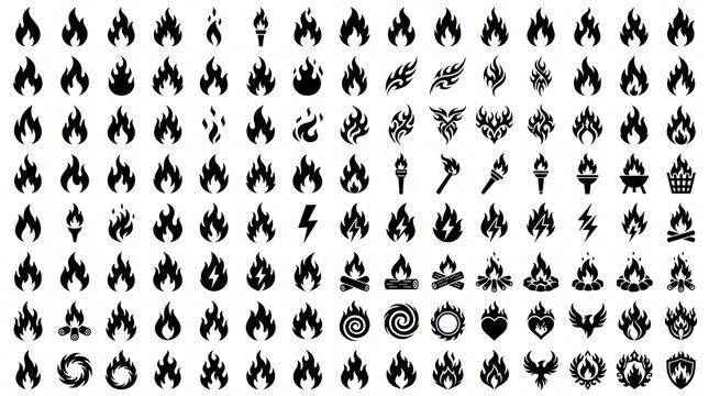Collection of black flame icons featuring diverse fire shapes, tribal flames, burning torches, lightning motifs, campfires, and decorative fiery symbols.