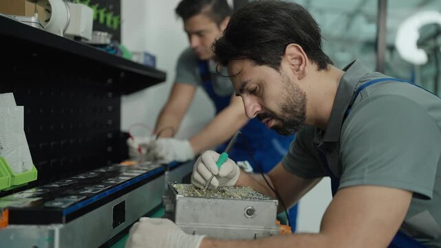 Technician adjusting complex wiring of an electric vehicle battery with precision