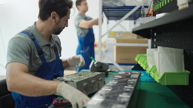 Technician adjusting complex wiring of an electric vehicle battery with precision