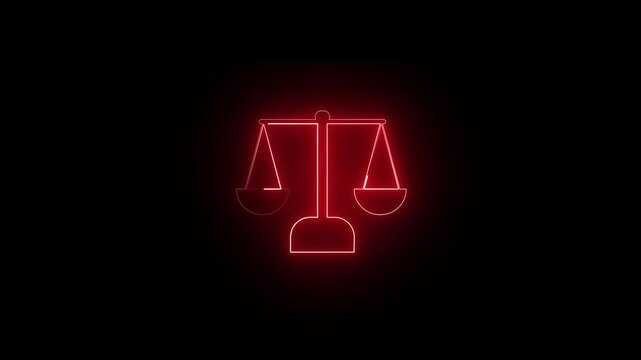 Red Neon Scale of Justice Icon: Cyberpunk Law Court and Legal Rights Concept