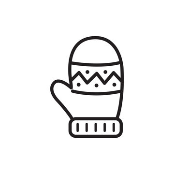 Black and white line icon of a cozy winter glove mitten with snowflake pattern. 