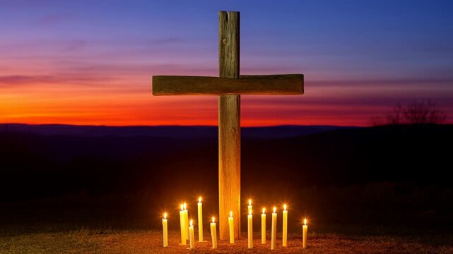 Wooden cross and burning candles stand on an open hillside beneath a vivid sunset. Memorial tribute videos, religious programming, and funeral service media.