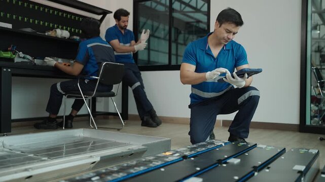 Two technicians are repairing an electric car, checking the battery, and communicating using a laptop.