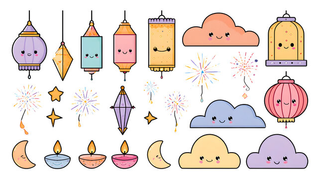 A charming kawaii Diwali clipart bundle featuring cute smiling hanging lanterns.