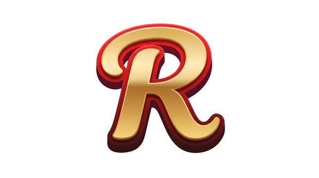 3D rendered capital letter R in a cursive script typography style, featuring a glossy metallic gold front face, layered with a vibrant red outline border, and deep maroon dimensional shadow on white