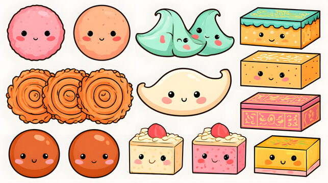 A delightful kawaii Indian sweets clipart collection featuring smiling laddoos, modaks, jalebis, gulab jamuns, barfi, and decorated mithai boxes.