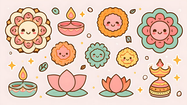 A beautiful kawaii clipart bundle featuring pastel floral rangoli designs, smiling diyas, cute marigold blossoms, lotus flowers.