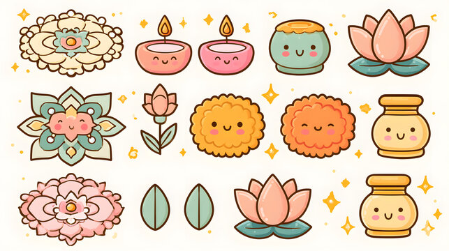 Kawaii Diwali Clipart Set: Create a cute Diwali kawaii clipart collection.
