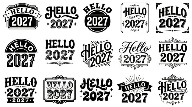 Set of fifteen vintage style hello 2027 typography designs for new year celebration