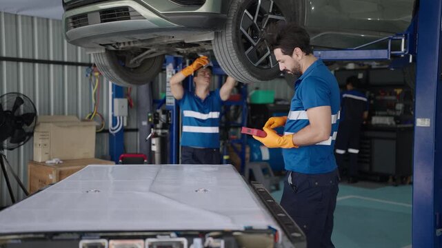 Two technicians are repairing electric cars, checking the batteries at an electric car repair shop.
