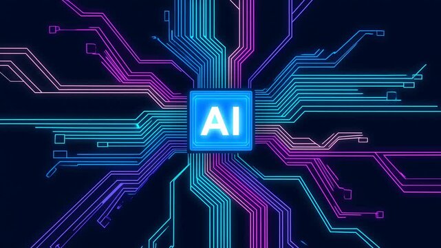 Glowing artificial intelligence chip with circuit traces expanding across a dark digital space. Technology presentations, ai education, and machine learning communications.