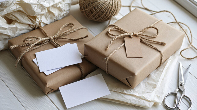 Small business packaging station with kraft paper and twine
