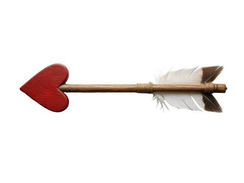 Cupid arrow with a red heart tip and feathers, isolated on transparent background