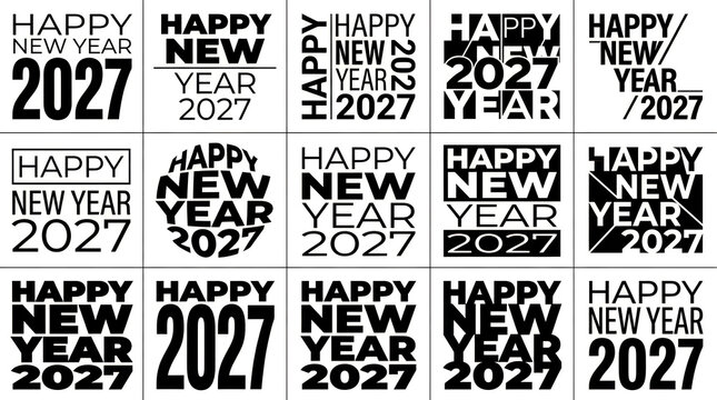 Collection of fifteen creative black and white happy new year 2027 typography designs