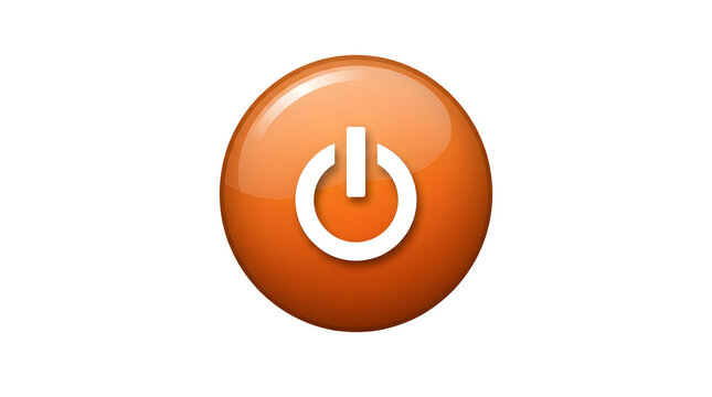 A vibrant circular orange power button icon featuring a glossy reflective surface gradient with a distinct white vertical line and open circle symbol centered on a clean plain white background