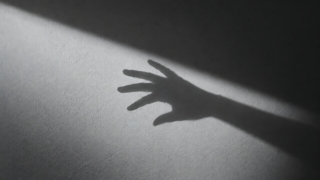 Halloween background featuring a hand's shadow on a wall, a hand with its shadow, an overlay effect of a hand's shadow, a hand silhouette, and eerie, terrifying hands.
