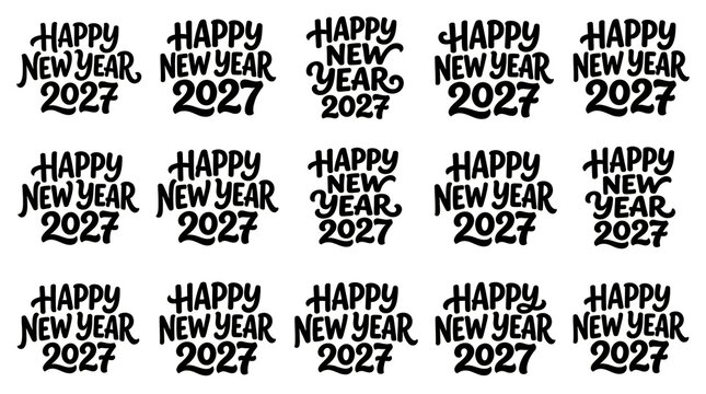 Set of fifteen hand drawn black and white happy new year 2027 labels
