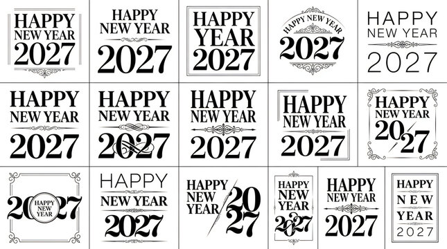 Collection of various vintage style happy new year 2027 typography logo designs set