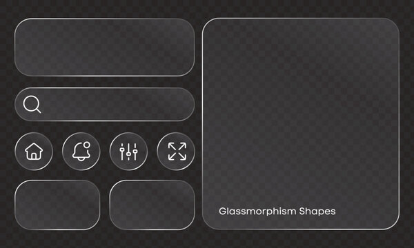 Glassmorphism shapes set with frosted glass UI elements and navigation icons