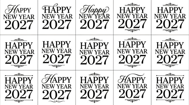 Collection of fifteen unique black and white happy new year 2027 text designs