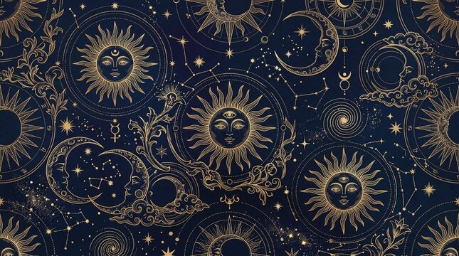 Celestial astrology seamless pattern with golden sun moon and stars