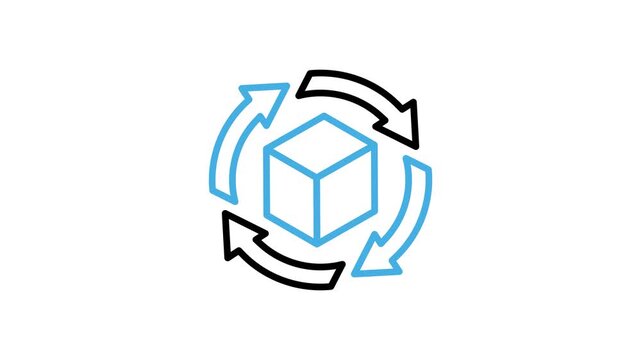 Cardboard box in process, recycle, sync and rotation arrow icon animation. Package, present, gift or product for delivery, order, shipping, packing, productivity animated video loops. Motion graphics