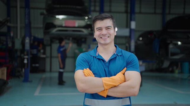 The mechanic stood with his arms crossed, smiling in front of his workshop, ready to serve customers.