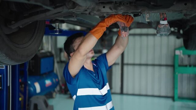 Auto technician wearing insulated gloves repairs high voltage cables under a lifted electric vehicle in a service bay, emphasizing safety and precision during maintenance.