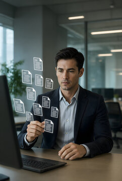 Businessman working with floating holographic document icons at office desk, digital file management concept