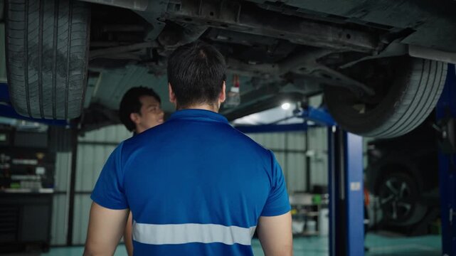 Handsome professional technician young brunet mechanic man 20s wears denim overalls white t-shirt gloves working in vehicle repair shop go move look at cars on light modern workshop background indoors