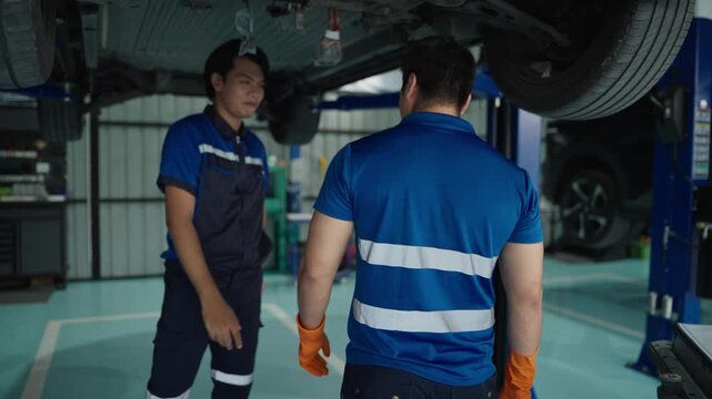 Handsome professional technician young brunet mechanic man 20s wears denim overalls white t-shirt gloves working in vehicle repair shop go move look at cars on light modern workshop background indoors