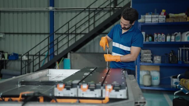 Mechanic man inspecting an electric vehicle battery with a digital tablet in a clean service bay environment